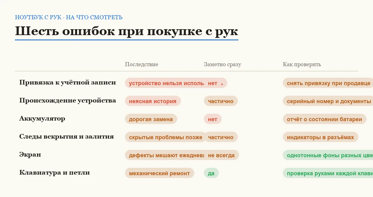 Сравнительная таблица шести ошибок при покупке ноутбука с рук по последствиям и заметности