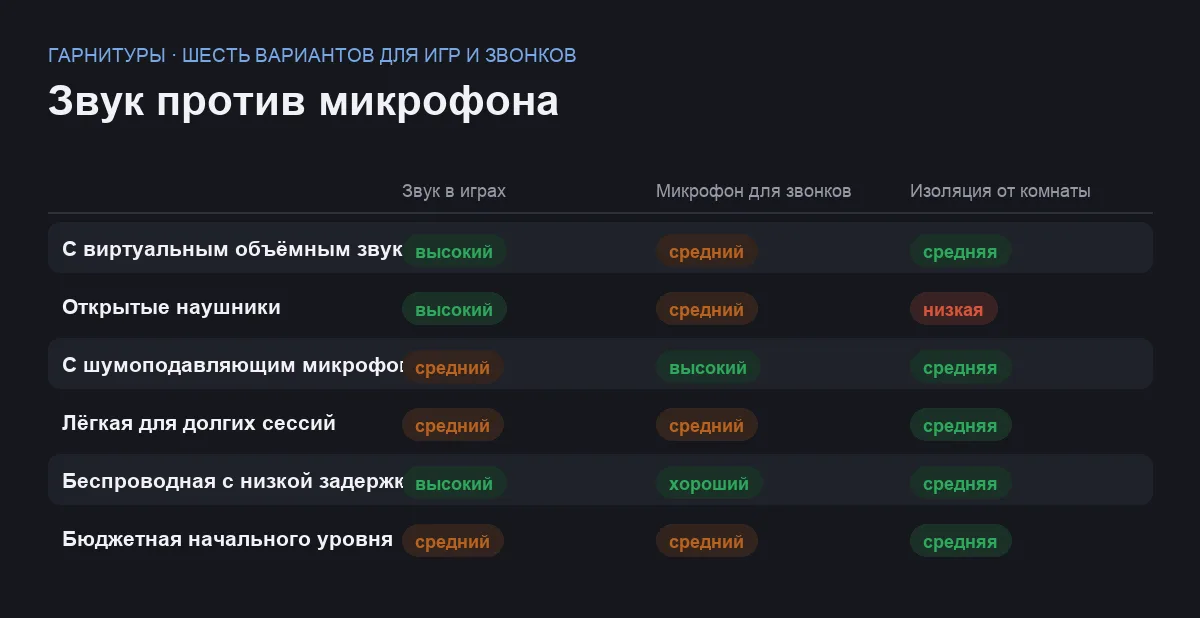 Сравнительная таблица шести гарнитур по качеству звука в играх, качеству микрофона для звонков и уровню изоляции от комнаты