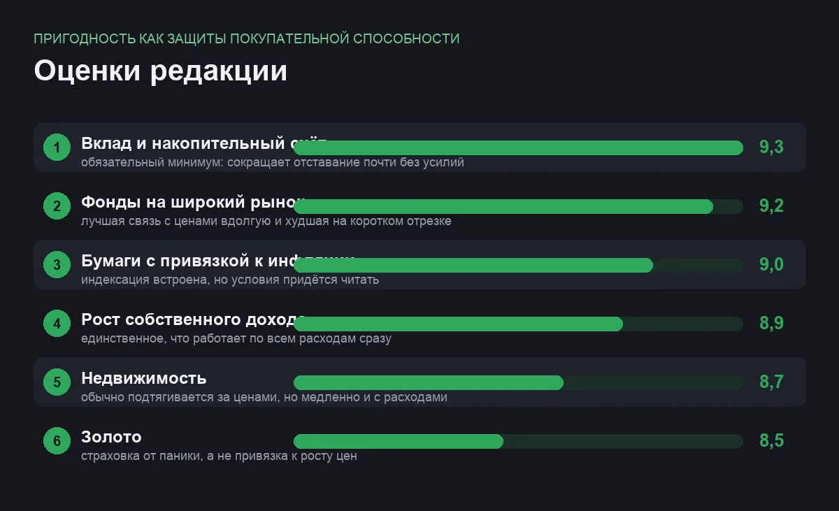 Диаграмма оценок шести способов защитить сбережения от инфляции