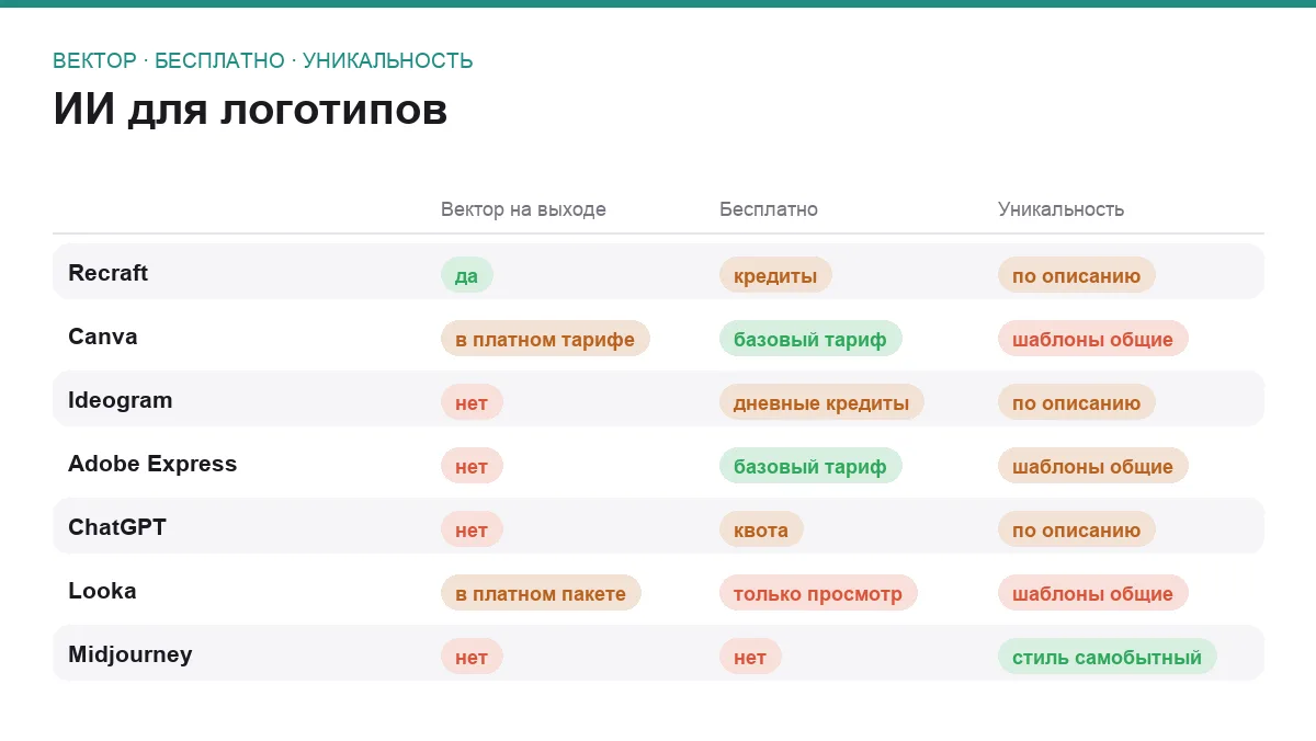 Матрица сравнения семи ИИ-инструментов для логотипов по формату, бесплатному режиму и уникальности