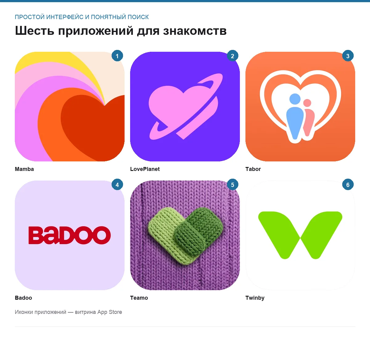 Сетка иконок шести приложений для знакомств: Mamba, LovePlanet, Tabor, Badoo, Teamo, Twinby