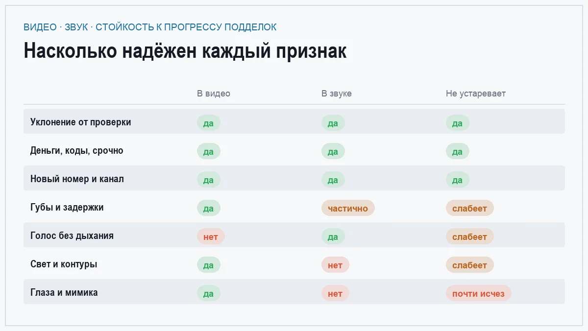 Матрица семи признаков дипфейка по надёжности в видео и звуке