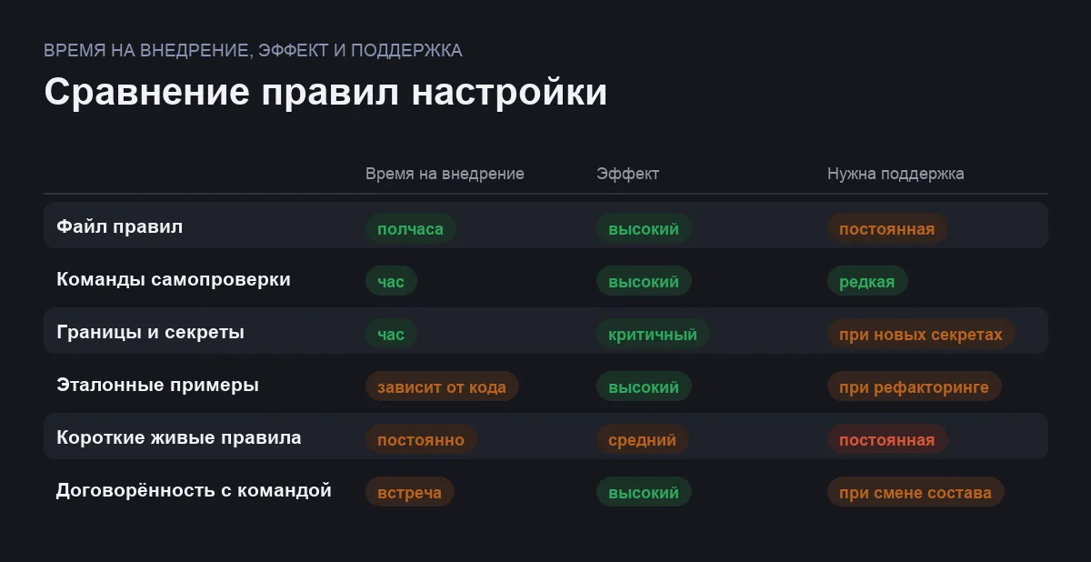 Матрица сравнения шести правил настройки ИИ-помощника под проект