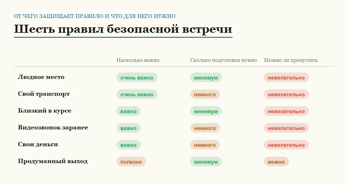 Матрица шести правил безопасности при первой встрече из интернета