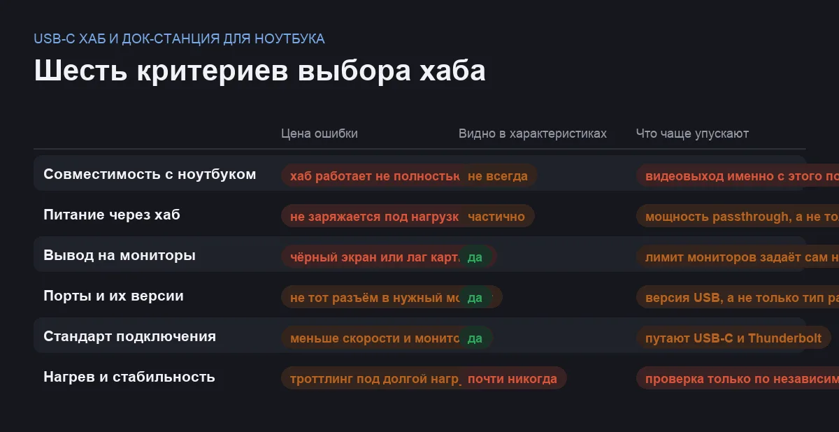 Сравнительная таблица шести критериев выбора USB-C хаба по цене ошибки и заметности в характеристиках