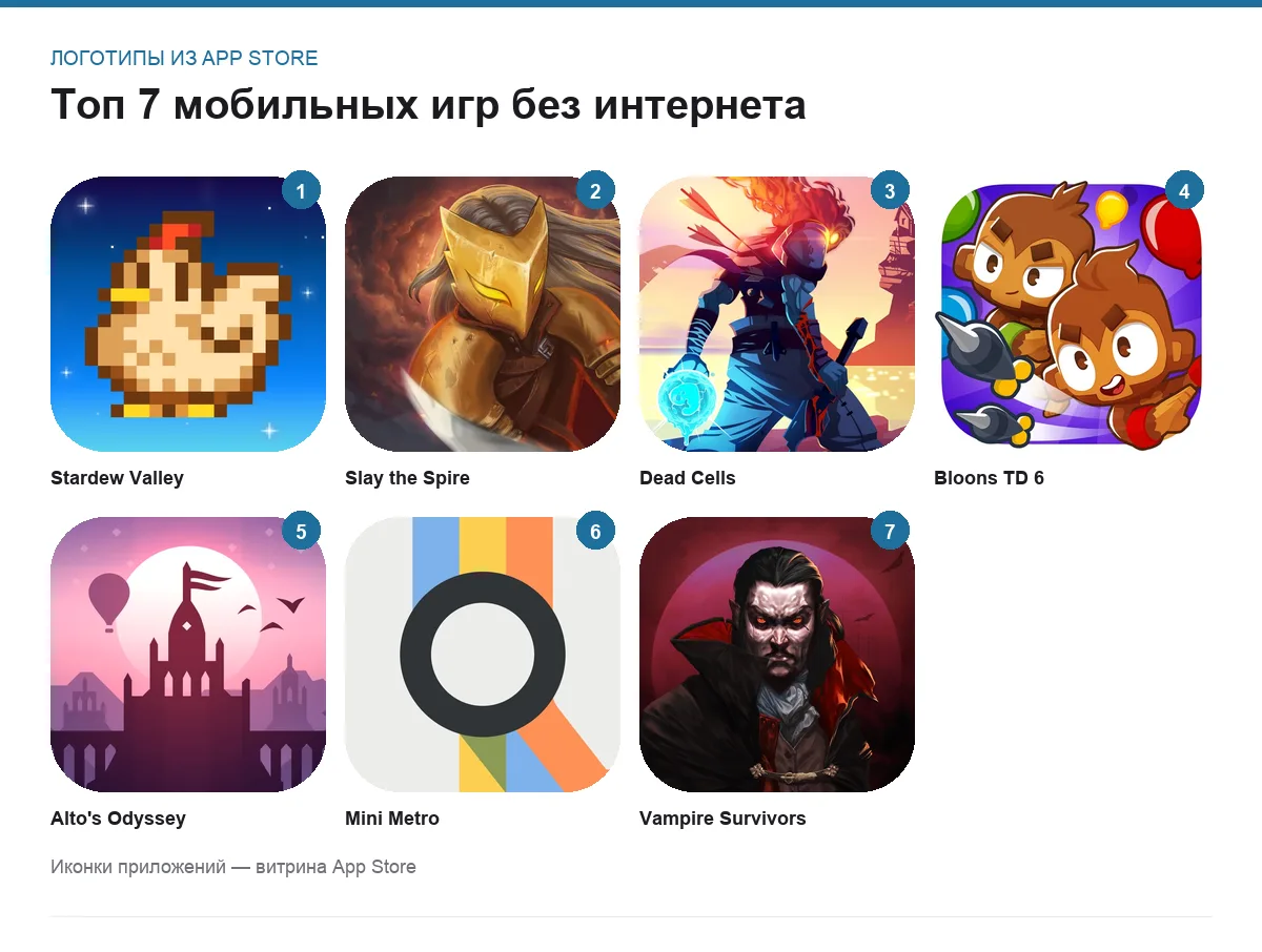 Логотипы семи мобильных игр без интернета