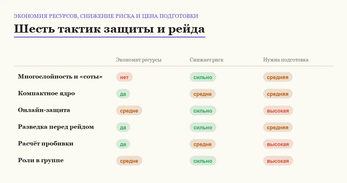 Матрица шести тактик рейда и защиты базы в Rust по экономии ресурсов, снижению риска и требуемой подготовке