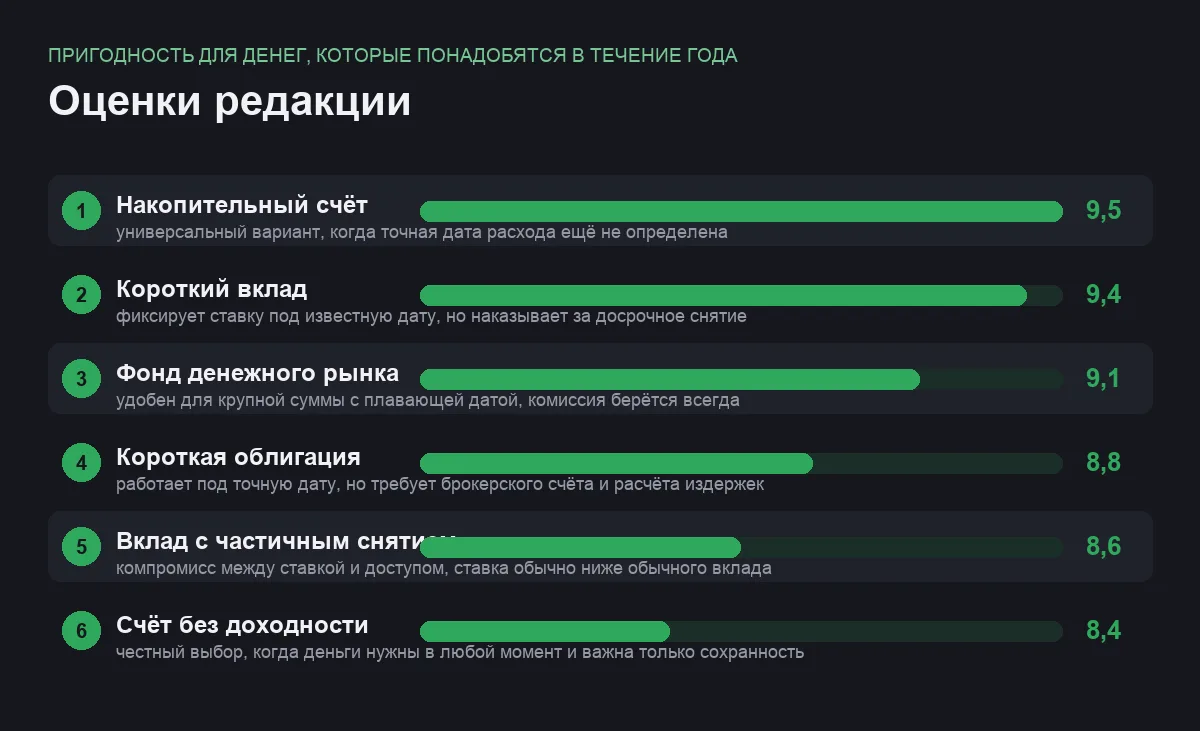 Диаграмма оценок шести способов разместить деньги на короткий срок по пригодности для задачи сохранить сумму к нужной дате