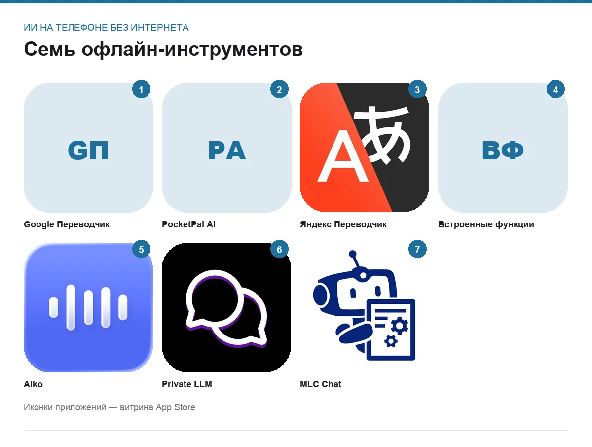 Иконки семи ИИ-приложений и функций, работающих на телефоне без интернета