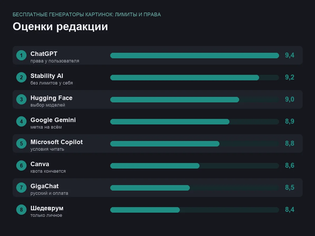 Диаграмма оценок восьми бесплатных ИИ-генераторов картинок