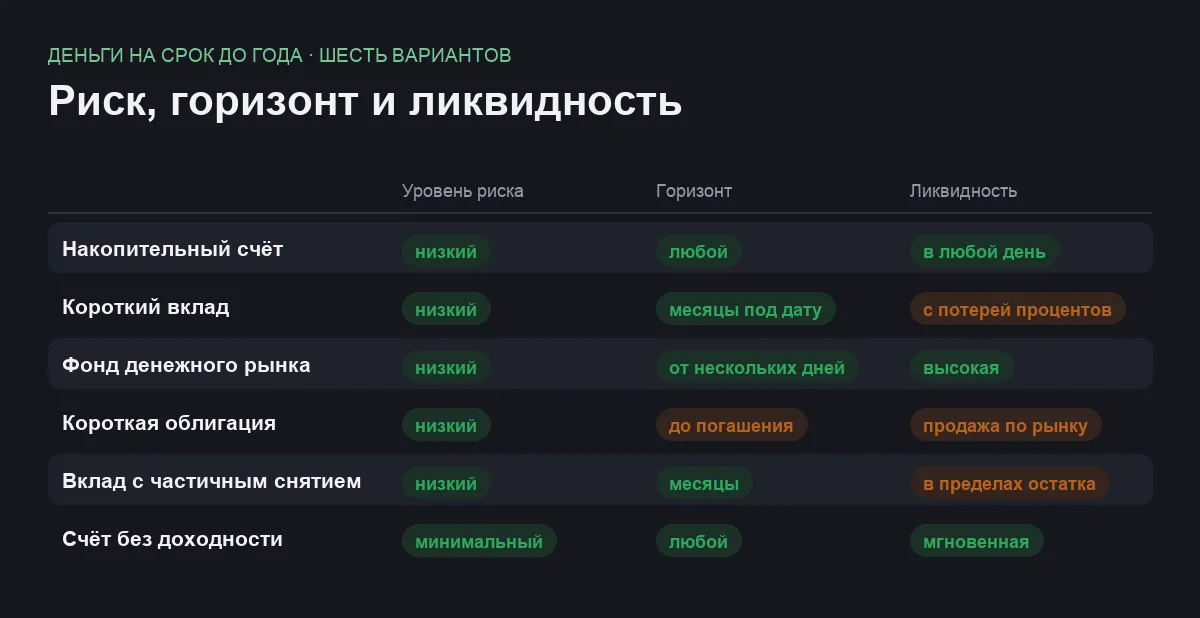 Сравнительная таблица шести способов разместить деньги на короткий срок по уровню риска, подходящему горизонту и ликвидности