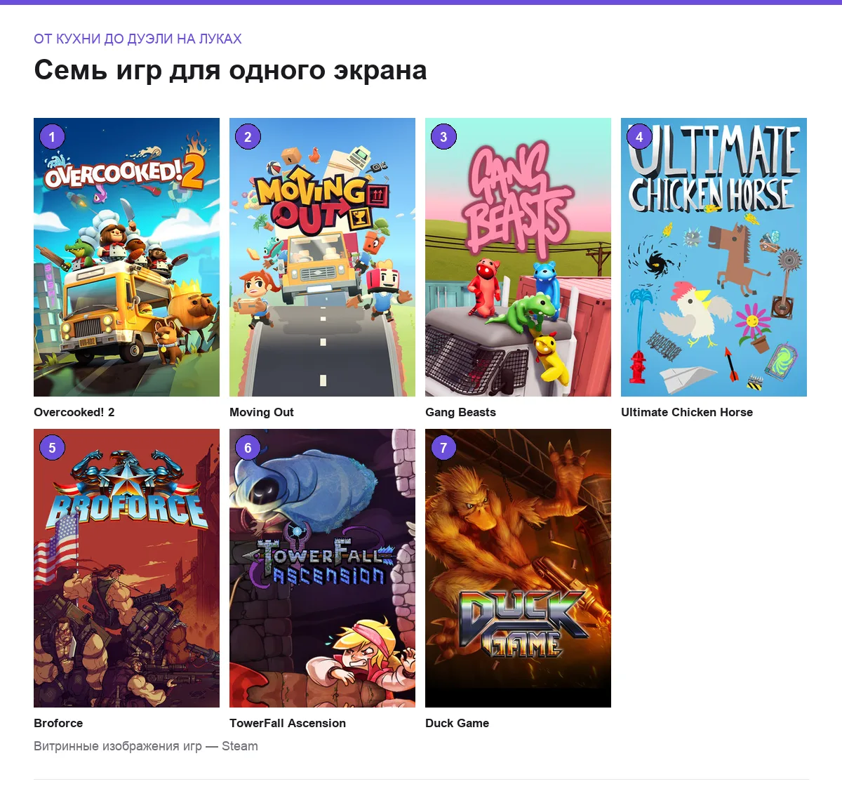 Сетка обложек семи игр для локального мультиплеера на одном экране