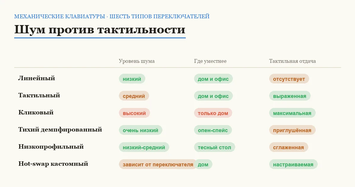 Сравнительная таблица шести типов переключателей механических клавиатур по шуму, месту применения и тактильной отдаче