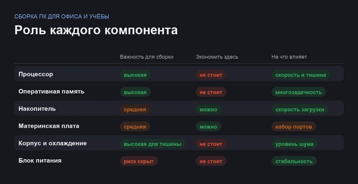 Сравнительная таблица компонентов офисной сборки по важности, возможности сэкономить и влиянию на результат