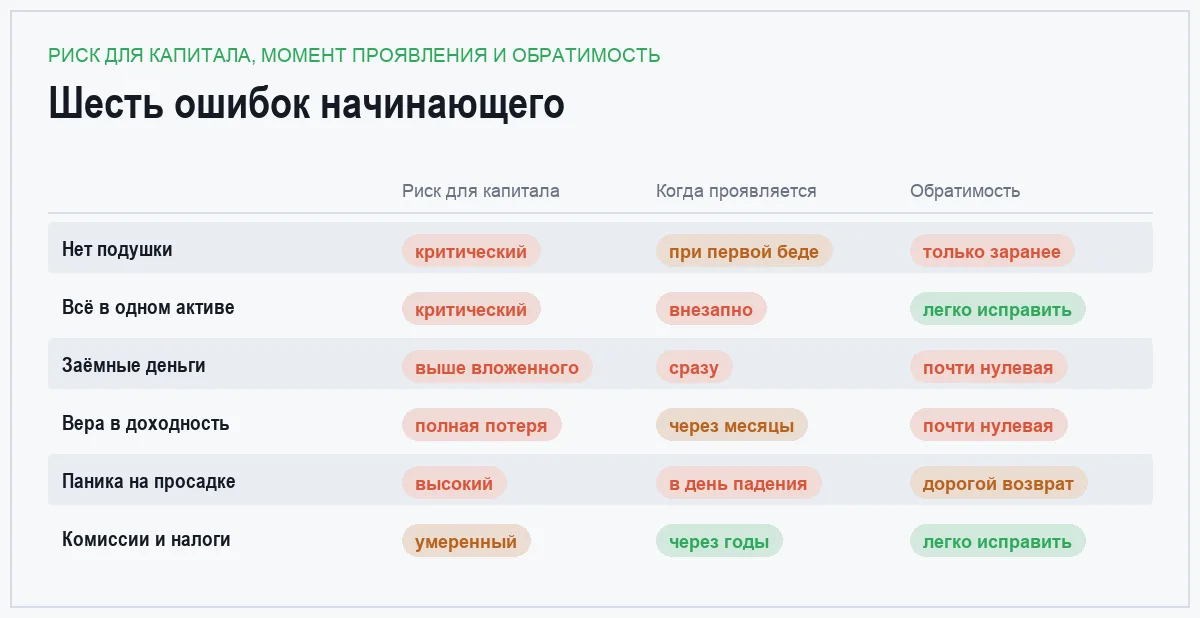 Сравнительная таблица шести ошибок начинающего инвестора по риску для капитала, моменту проявления и обратимости