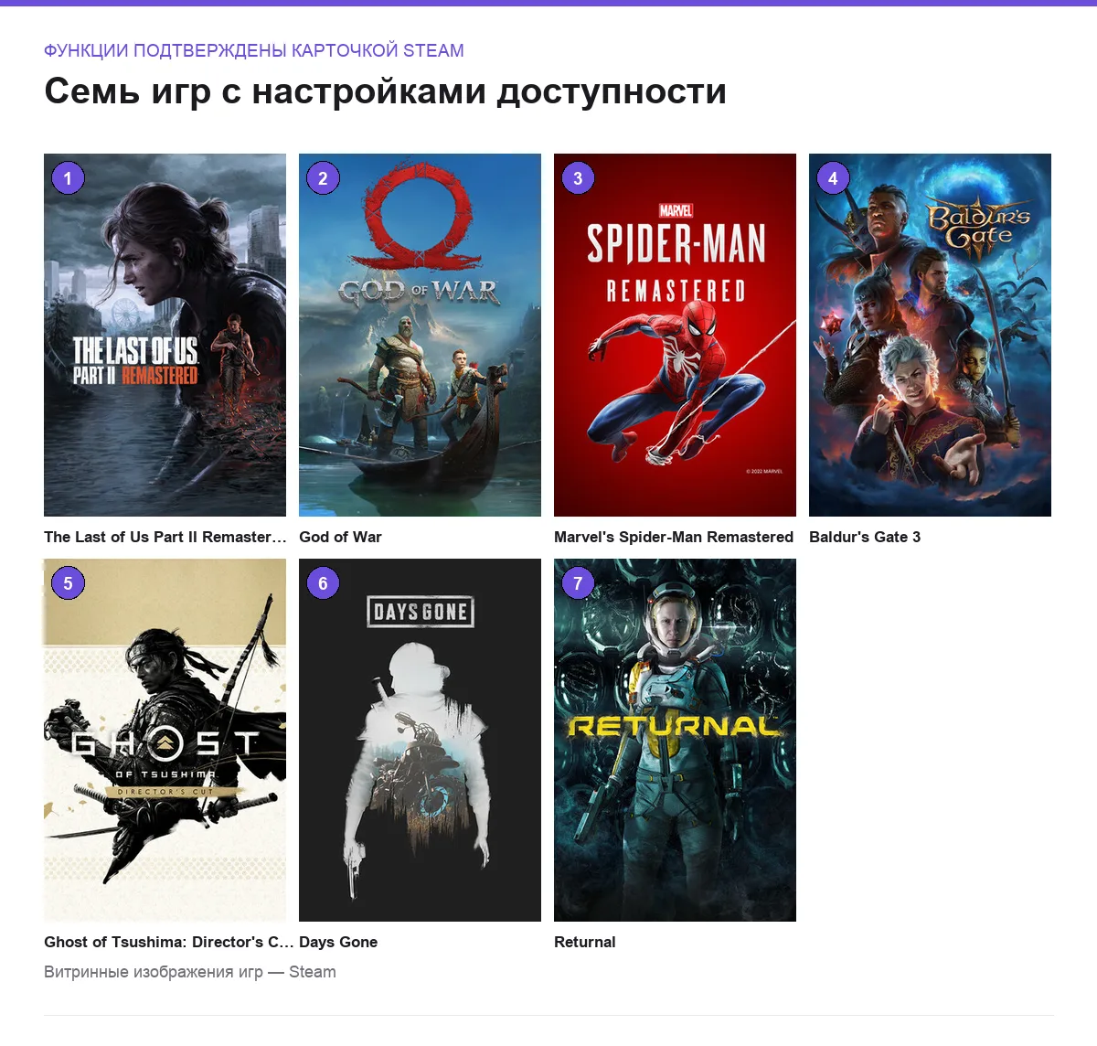 Сетка обложек семи игр с хорошими настройками доступности