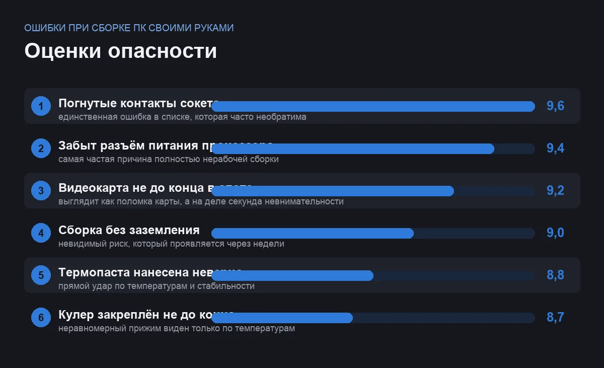 Диаграмма оценок опасности шести типичных ошибок при сборке компьютера