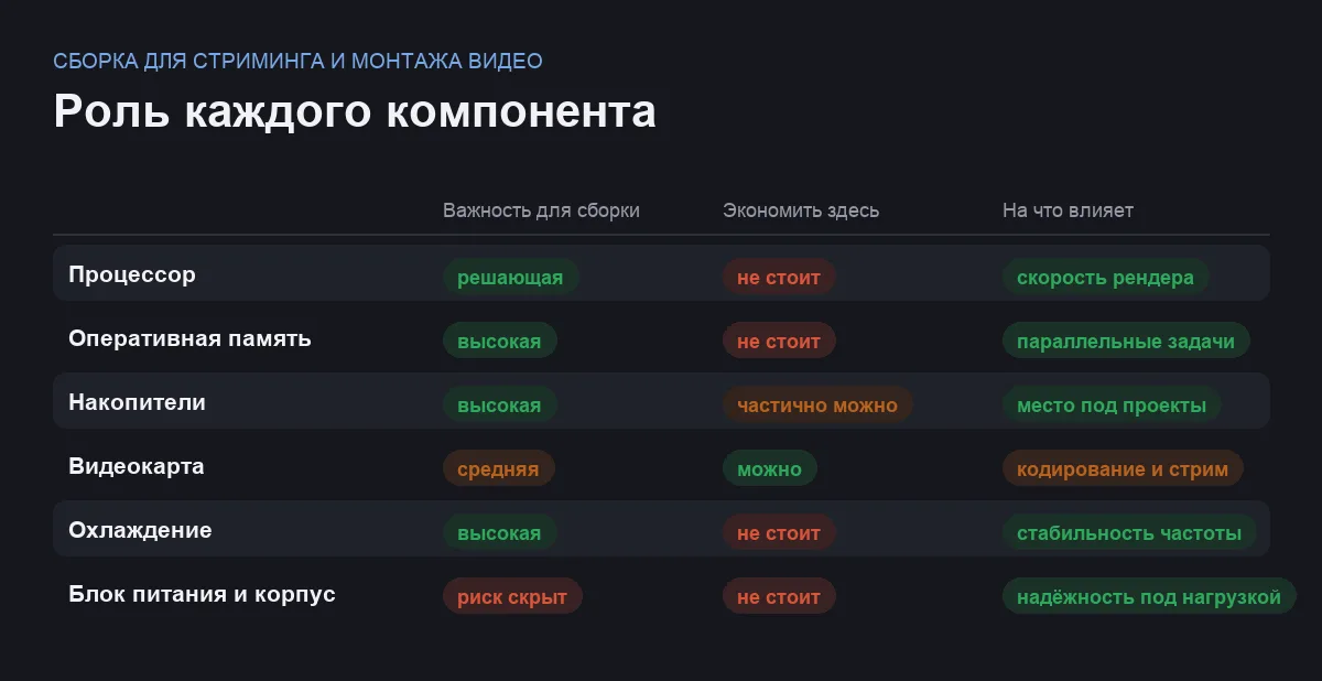 Сравнительная таблица компонентов сборки для стриминга и монтажа по важности, возможности сэкономить и влиянию на результат