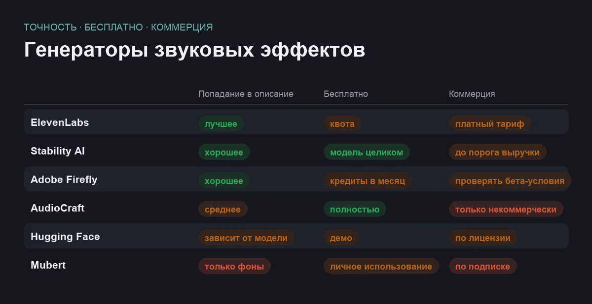 Матрица сравнения шести ИИ-генераторов звуковых эффектов по точности, бесплатному режиму и правам