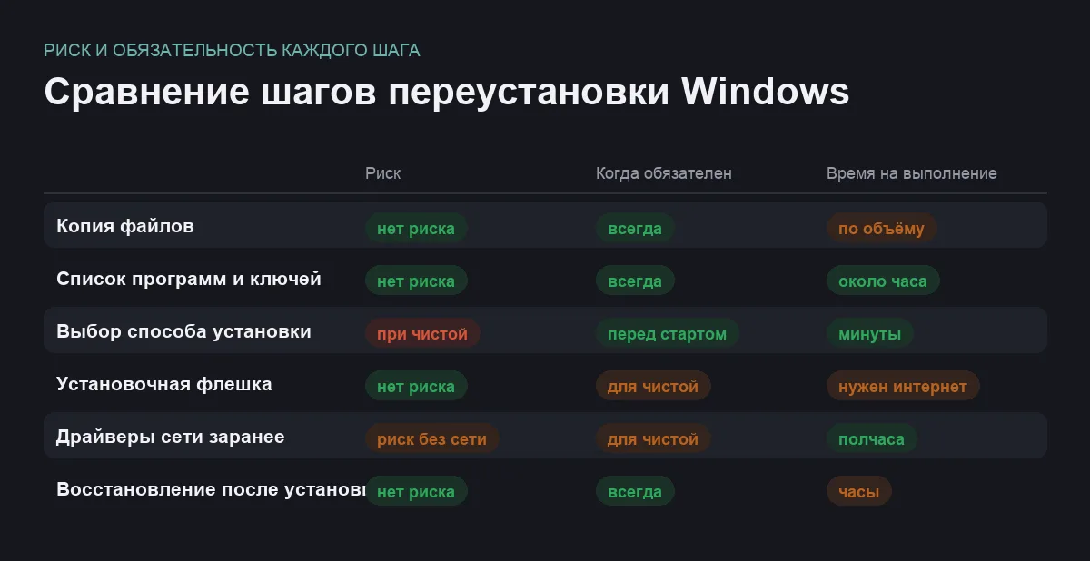 Матрица сравнения шести шагов переустановки Windows без потери файлов