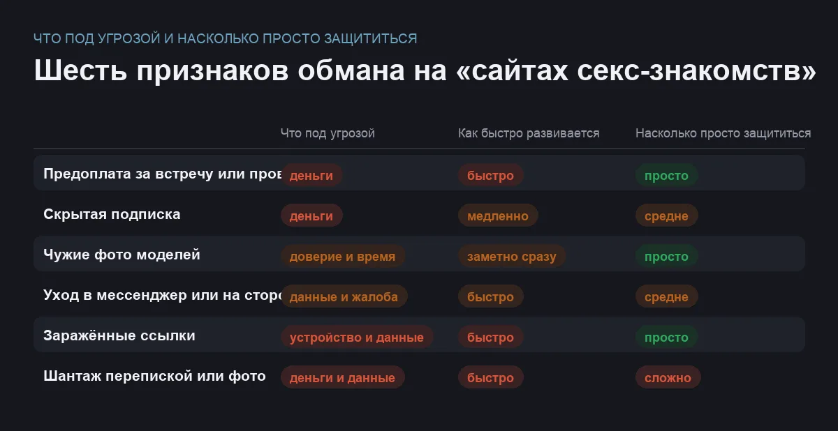 Матрица шести признаков обмана на сайтах секс-знакомств с указанием риска и защиты