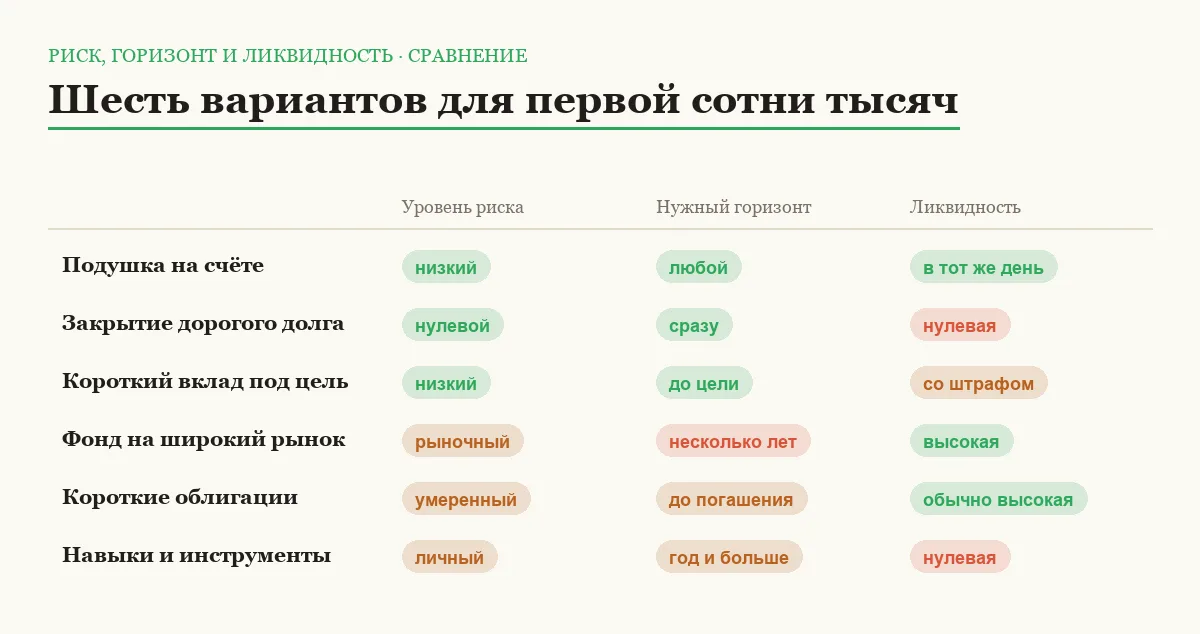 Сравнительная таблица шести вариантов вложения первых ста тысяч рублей по риску, горизонту и ликвидности