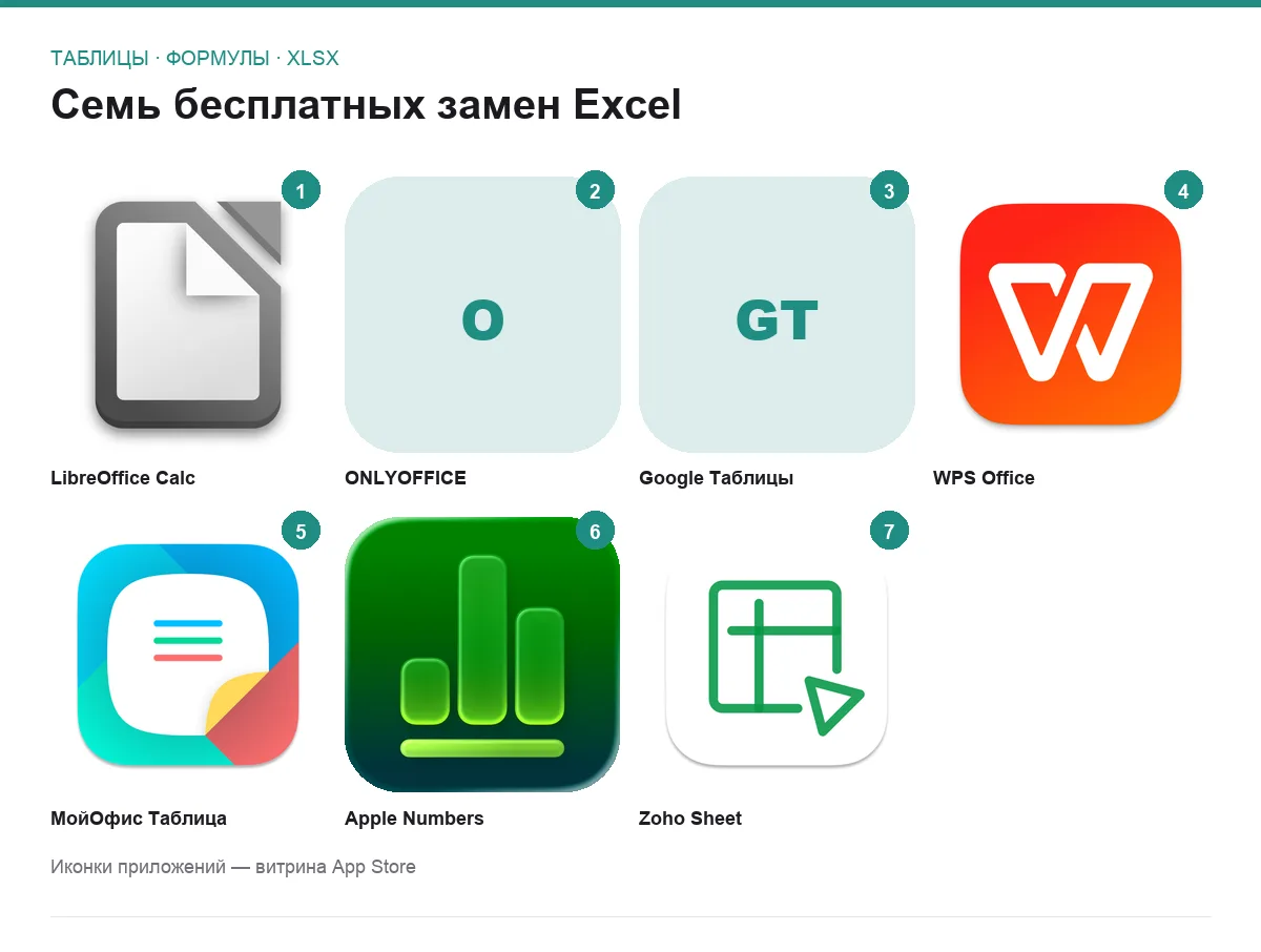 Сетка иконок семи бесплатных программ для работы с таблицами вместо Excel